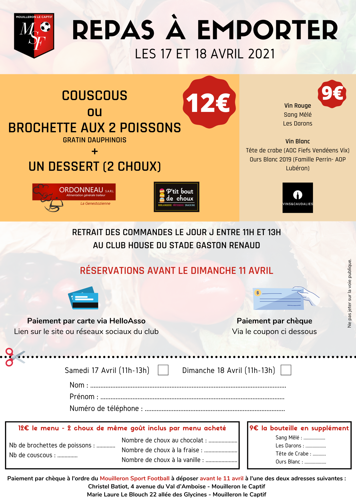 You are currently viewing Repas à emporter les 17 et 18 avril